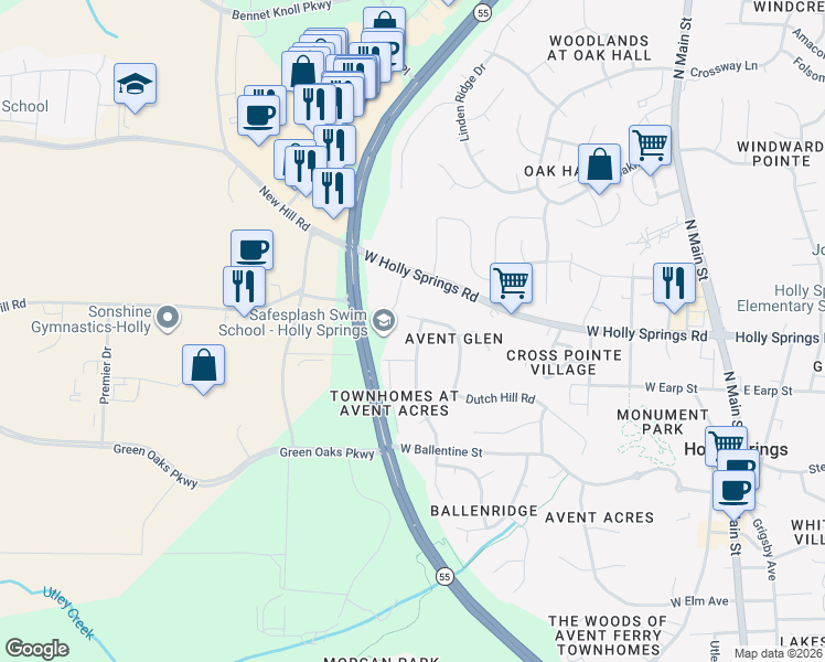 map of restaurants, bars, coffee shops, grocery stores, and more near 313 Saranac Ridge Drive in Holly Springs