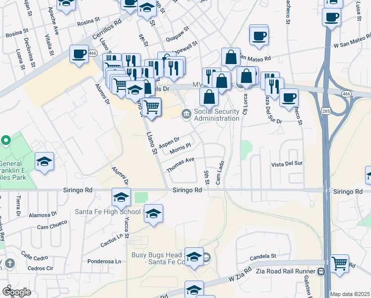 map of restaurants, bars, coffee shops, grocery stores, and more near 1924 Morris Place in Santa Fe