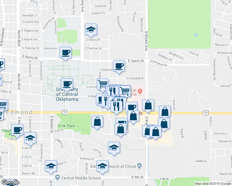 map of restaurants, bars, coffee shops, grocery stores, and more near 1217 East Main Street in Edmond