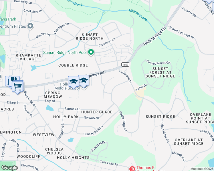 map of restaurants, bars, coffee shops, grocery stores, and more near 132 Gable Wood Lane in Holly Springs