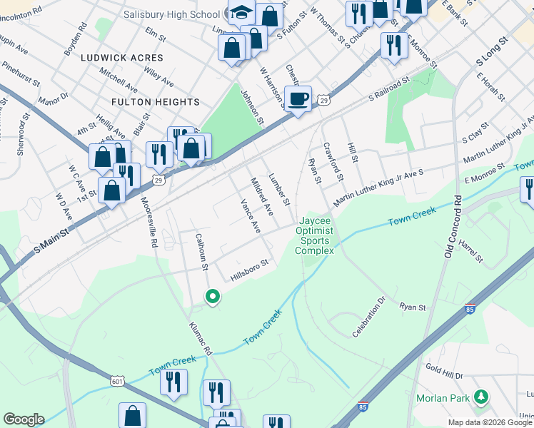 map of restaurants, bars, coffee shops, grocery stores, and more near 411 Mildred Avenue in Salisbury