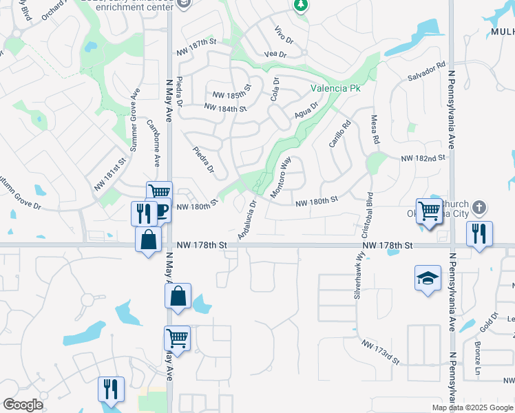 map of restaurants, bars, coffee shops, grocery stores, and more near 18020 Andalucia Drive in Edmond
