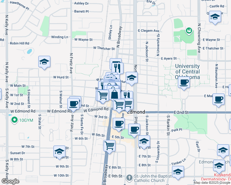 map of restaurants, bars, coffee shops, grocery stores, and more near 16 East Main Street in Edmond