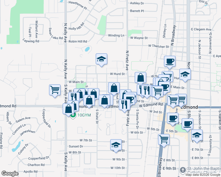 map of restaurants, bars, coffee shops, grocery stores, and more near 423 West 1st Street in Edmond
