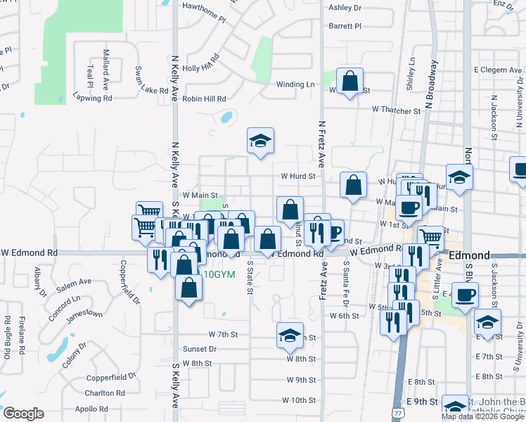 map of restaurants, bars, coffee shops, grocery stores, and more near 519 West 1st Street in Edmond