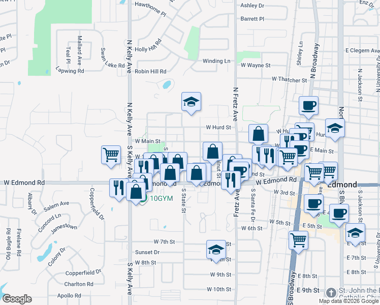 map of restaurants, bars, coffee shops, grocery stores, and more near 519 W 1st St in Edmond