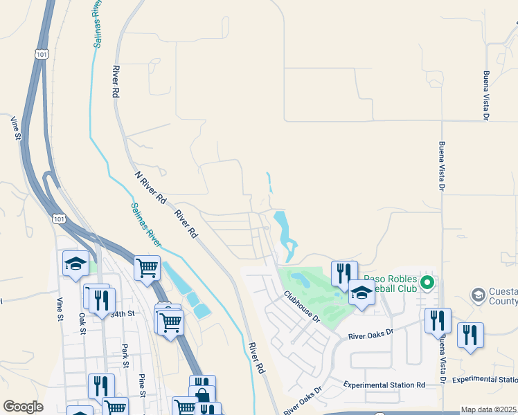 map of restaurants, bars, coffee shops, grocery stores, and more near 800 Clubhouse Drive in Paso Robles