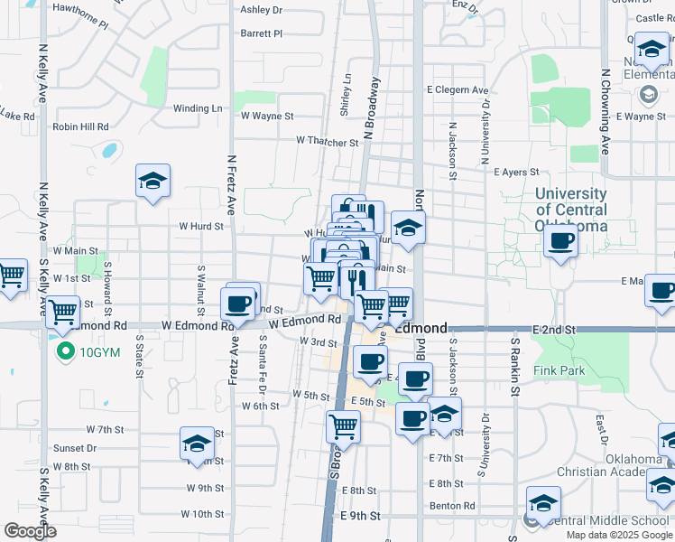 map of restaurants, bars, coffee shops, grocery stores, and more near 14 West Main Street in Edmond