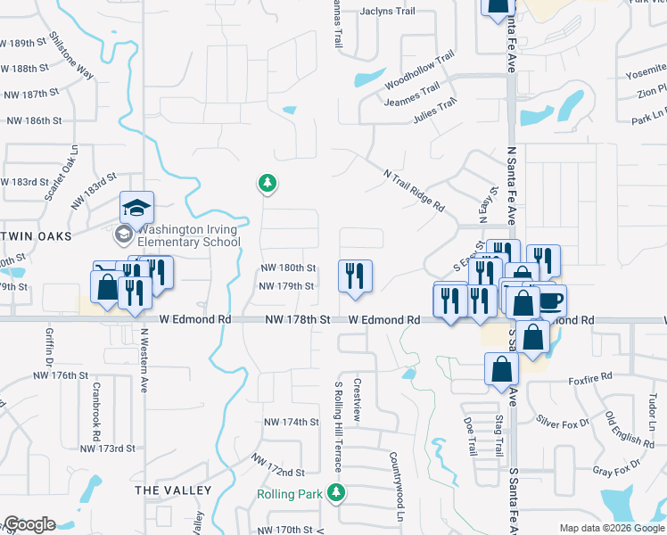 map of restaurants, bars, coffee shops, grocery stores, and more near 101 Lexington Way in Edmond