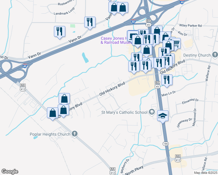 map of restaurants, bars, coffee shops, grocery stores, and more near 841 Old Hickory Boulevard in Jackson