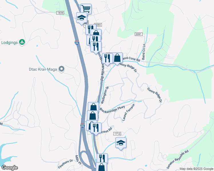 map of restaurants, bars, coffee shops, grocery stores, and more near 40 Wellington Drive in Asheville