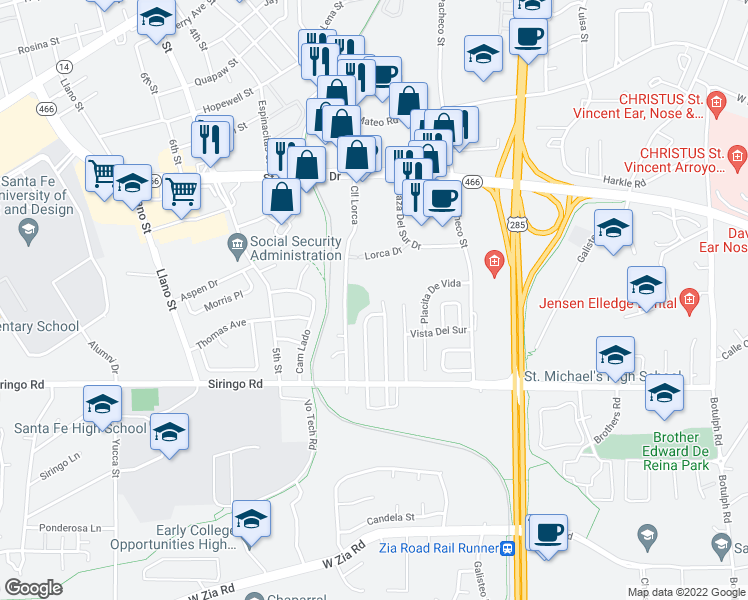 map of restaurants, bars, coffee shops, grocery stores, and more near 2062 Calle Ensenada in Santa Fe