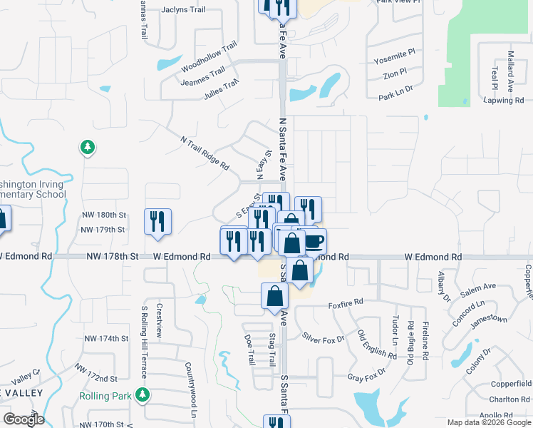 map of restaurants, bars, coffee shops, grocery stores, and more near 17 Coventry Court in Edmond