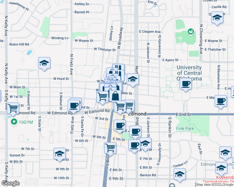 map of restaurants, bars, coffee shops, grocery stores, and more near 16 East Main Street in Edmond