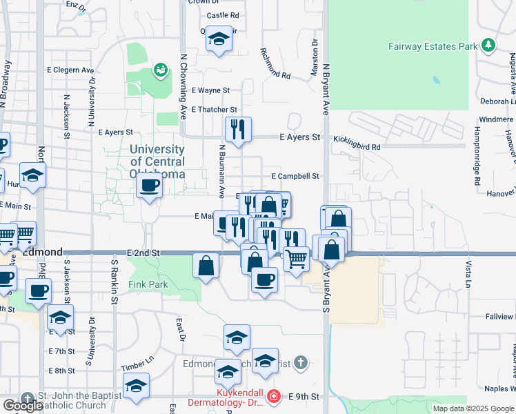 map of restaurants, bars, coffee shops, grocery stores, and more near 11 North Smythe Avenue in Edmond