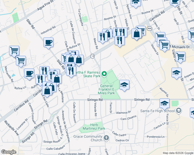 map of restaurants, bars, coffee shops, grocery stores, and more near 1645 Calle De Oriente Norte in Santa Fe