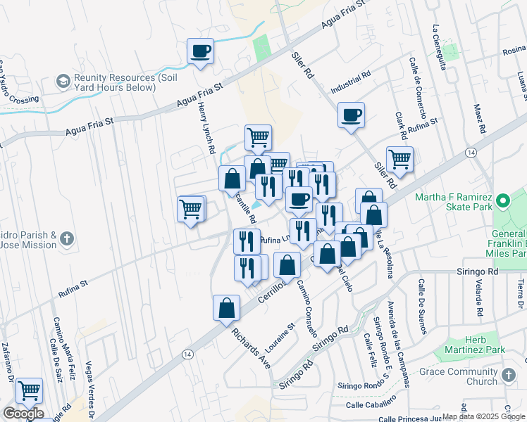 map of restaurants, bars, coffee shops, grocery stores, and more near 3201 Rufina Street in Santa Fe