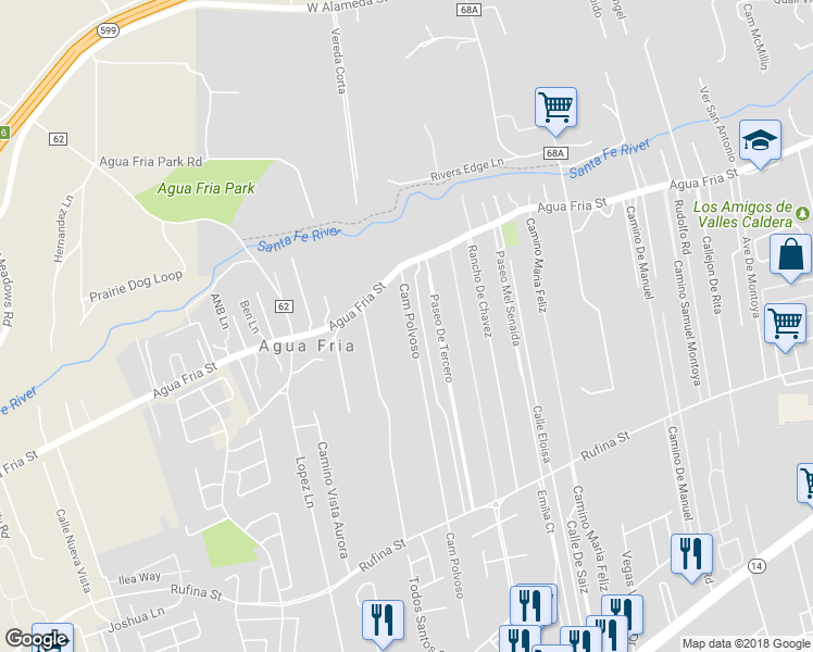 map of restaurants, bars, coffee shops, grocery stores, and more near 2112 Camino Polvoso in Santa Fe