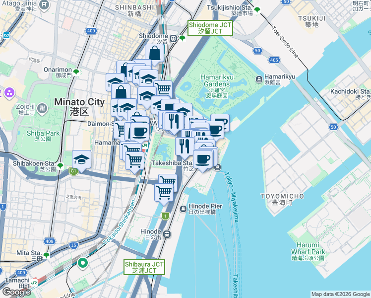 map of restaurants, bars, coffee shops, grocery stores, and more near in Minato City