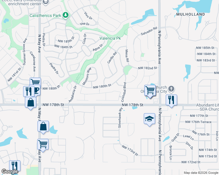 map of restaurants, bars, coffee shops, grocery stores, and more near 2416 Northwest 180th Street in Edmond