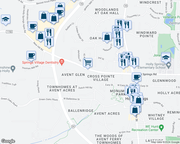 map of restaurants, bars, coffee shops, grocery stores, and more near 517 West Holly Springs Road in Holly Springs