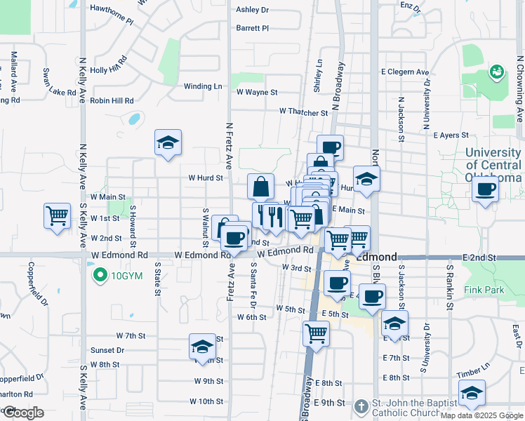 map of restaurants, bars, coffee shops, grocery stores, and more near 129 South Santa Fe Drive in Edmond