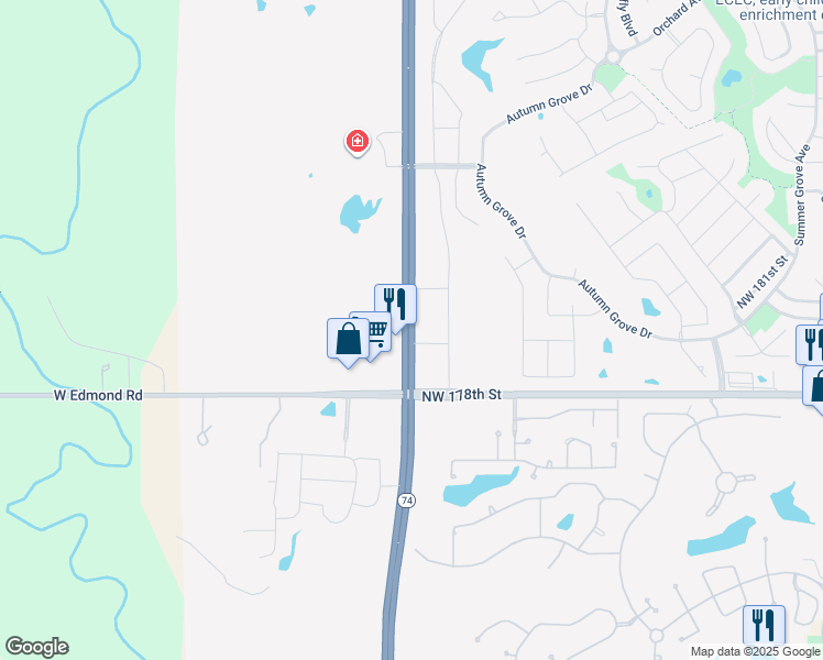 map of restaurants, bars, coffee shops, grocery stores, and more near 18064 Portland Avenue in Edmond
