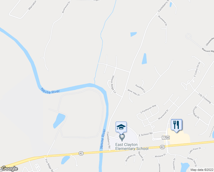 map of restaurants, bars, coffee shops, grocery stores, and more near 81 Hill Shore Lane in Clayton