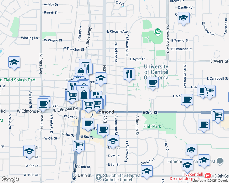 map of restaurants, bars, coffee shops, grocery stores, and more near 207 East Main Street in Edmond