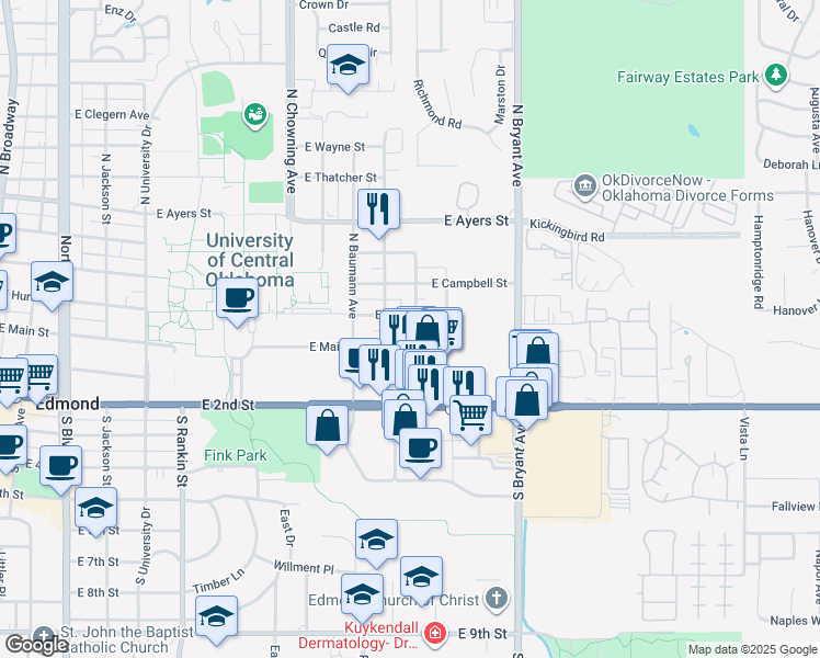 map of restaurants, bars, coffee shops, grocery stores, and more near 1217 East Main Street in Edmond