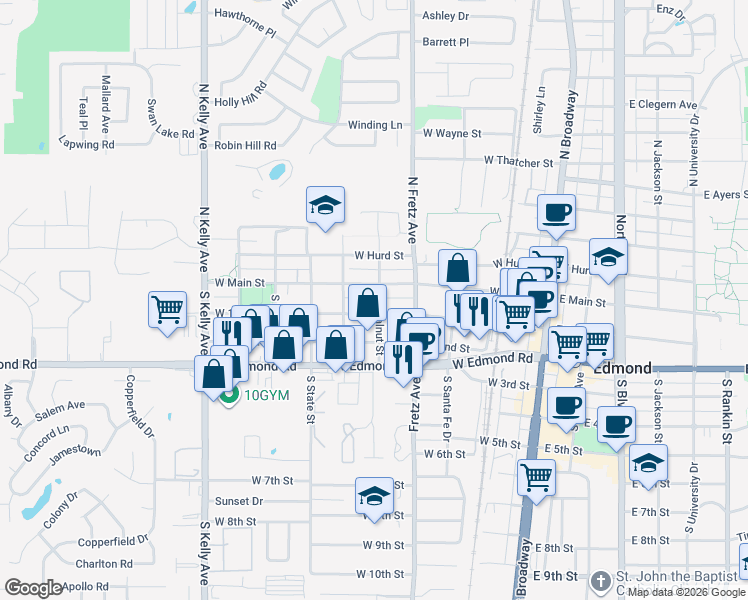 map of restaurants, bars, coffee shops, grocery stores, and more near 423 West 1st Street in Edmond