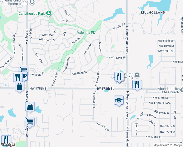 map of restaurants, bars, coffee shops, grocery stores, and more near 2309 Northwest 179th Street in Edmond