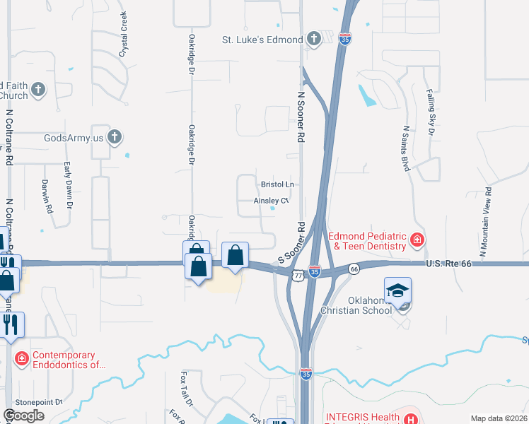 map of restaurants, bars, coffee shops, grocery stores, and more near 4112 Sheffield Avenue in Edmond