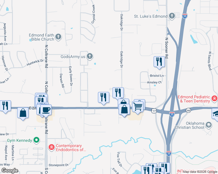map of restaurants, bars, coffee shops, grocery stores, and more near 3600 Oakridge Circle in Edmond