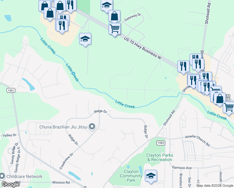 map of restaurants, bars, coffee shops, grocery stores, and more near 1017 Mulberry Road in Clayton