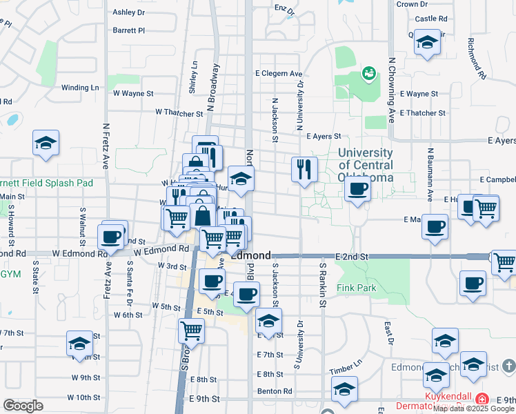 map of restaurants, bars, coffee shops, grocery stores, and more near 207 East Main Street in Edmond