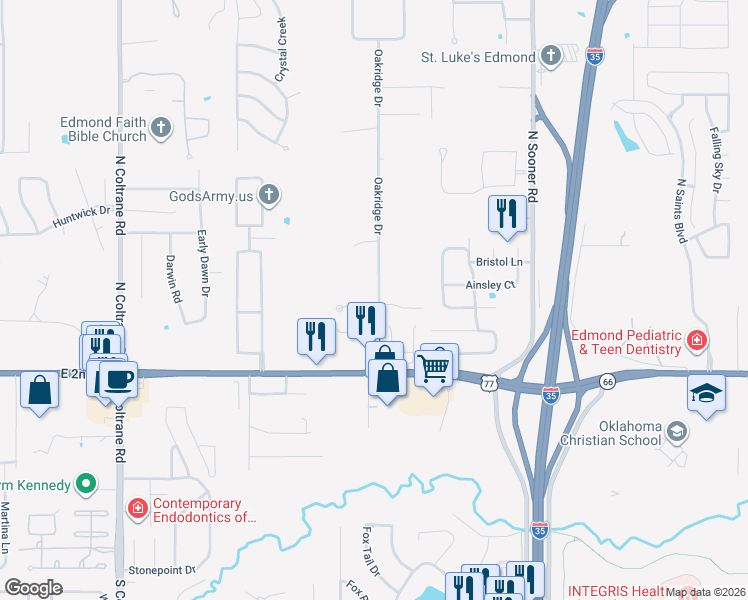 map of restaurants, bars, coffee shops, grocery stores, and more near 3700 Oakridge Circle in Edmond