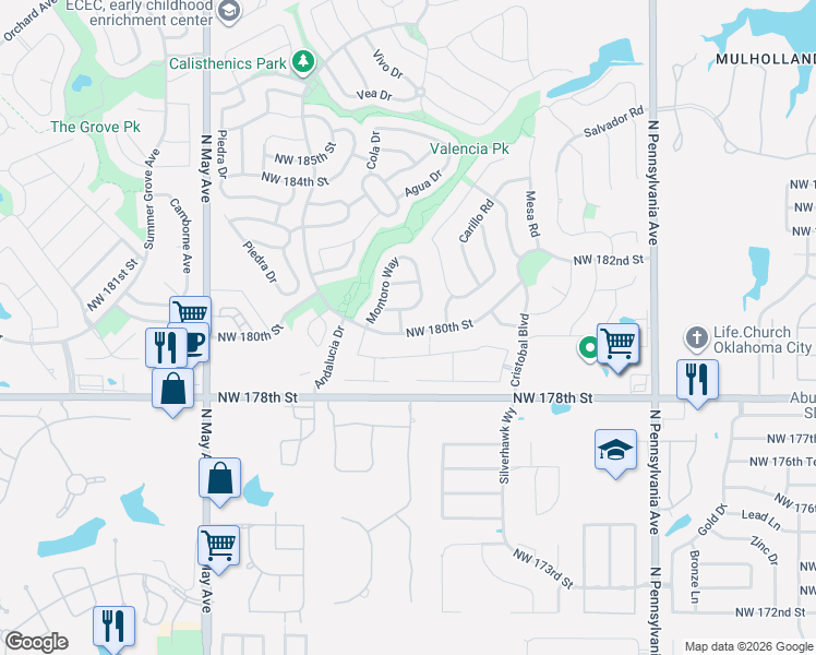 map of restaurants, bars, coffee shops, grocery stores, and more near 2500 Northwest 180th Street in Edmond