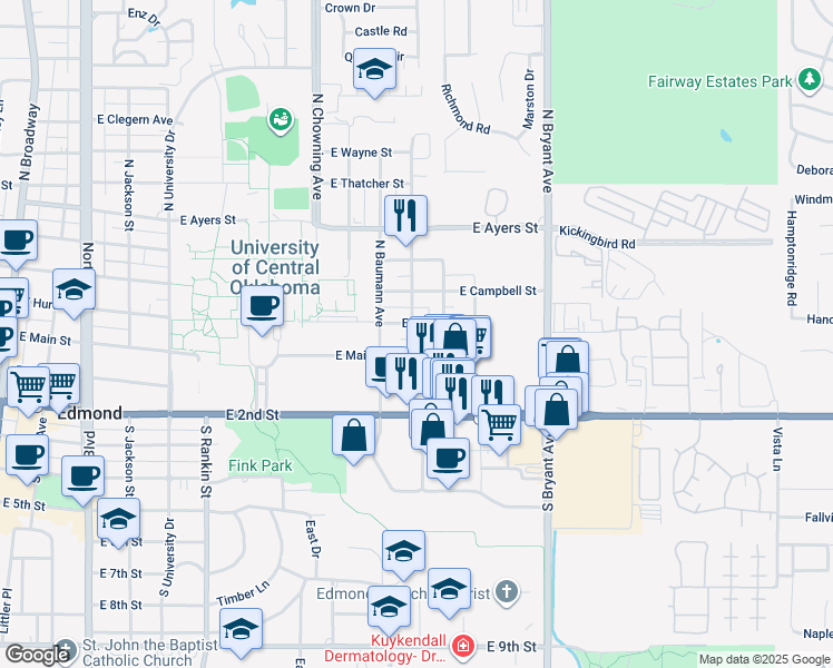 map of restaurants, bars, coffee shops, grocery stores, and more near 1105 East Main Street in Edmond