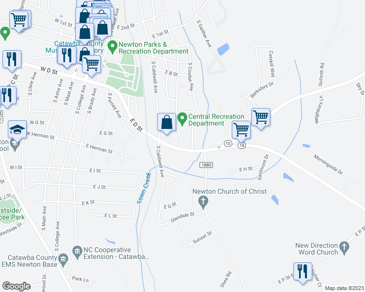 map of restaurants, bars, coffee shops, grocery stores, and more near 706 East D Street in Newton