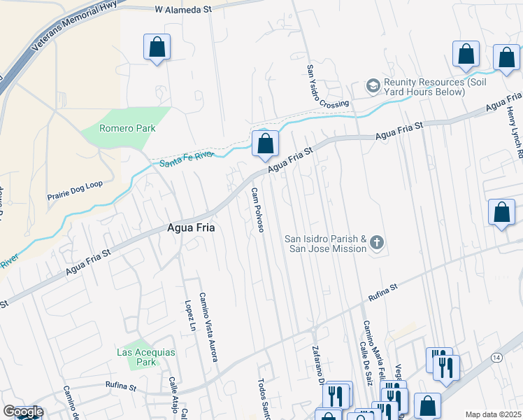 map of restaurants, bars, coffee shops, grocery stores, and more near 2112 Camino Polvoso in Santa Fe