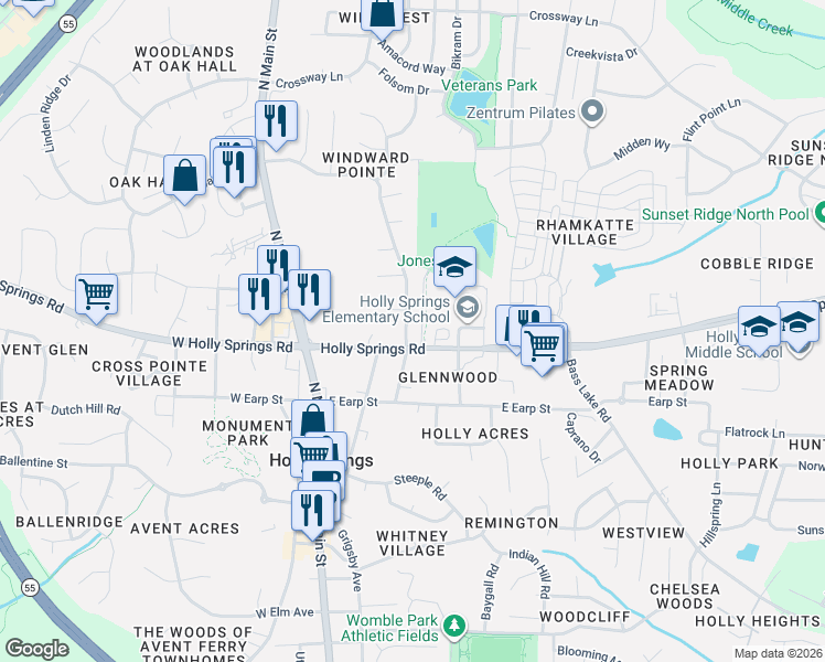 map of restaurants, bars, coffee shops, grocery stores, and more near 412 Holly Springs Road in Holly Springs