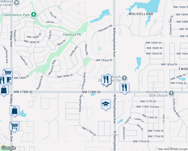 map of restaurants, bars, coffee shops, grocery stores, and more near 2221 Northwest 179th Street in Edmond