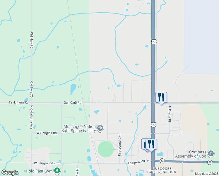map of restaurants, bars, coffee shops, grocery stores, and more near 12635 Gun Club Road in Okmulgee
