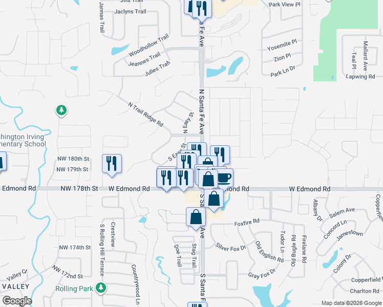 map of restaurants, bars, coffee shops, grocery stores, and more near 17 Coventry Court in Edmond