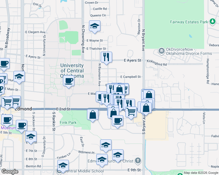 map of restaurants, bars, coffee shops, grocery stores, and more near 1107 East Main Street in Edmond