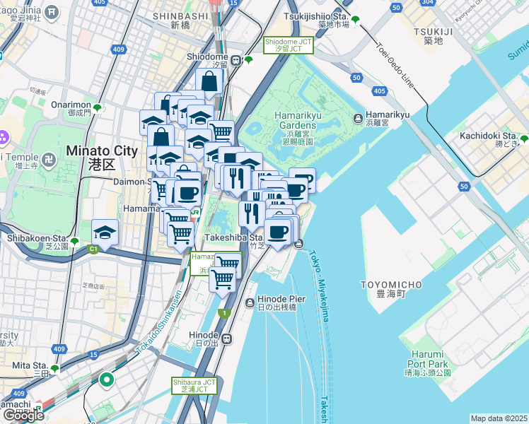 map of restaurants, bars, coffee shops, grocery stores, and more near in Minato City