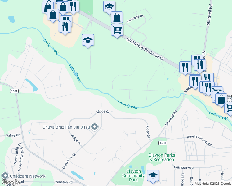 map of restaurants, bars, coffee shops, grocery stores, and more near 1017 Mulberry Road in Clayton