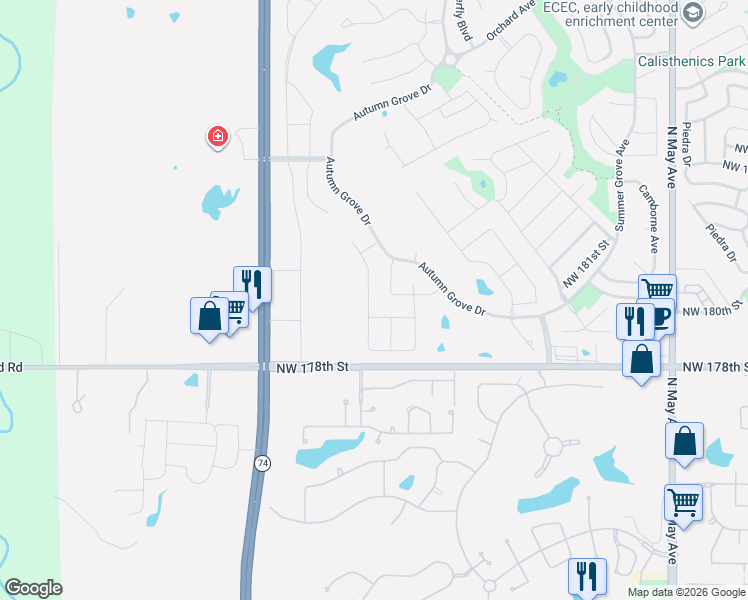map of restaurants, bars, coffee shops, grocery stores, and more near 3408 Northwest 181st Street in Edmond