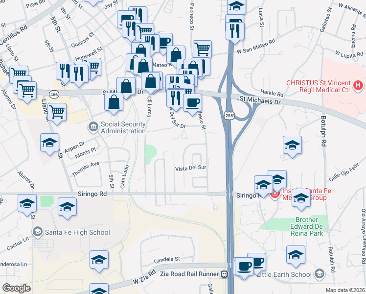 map of restaurants, bars, coffee shops, grocery stores, and more near 2056 Placita De Vida in Santa Fe